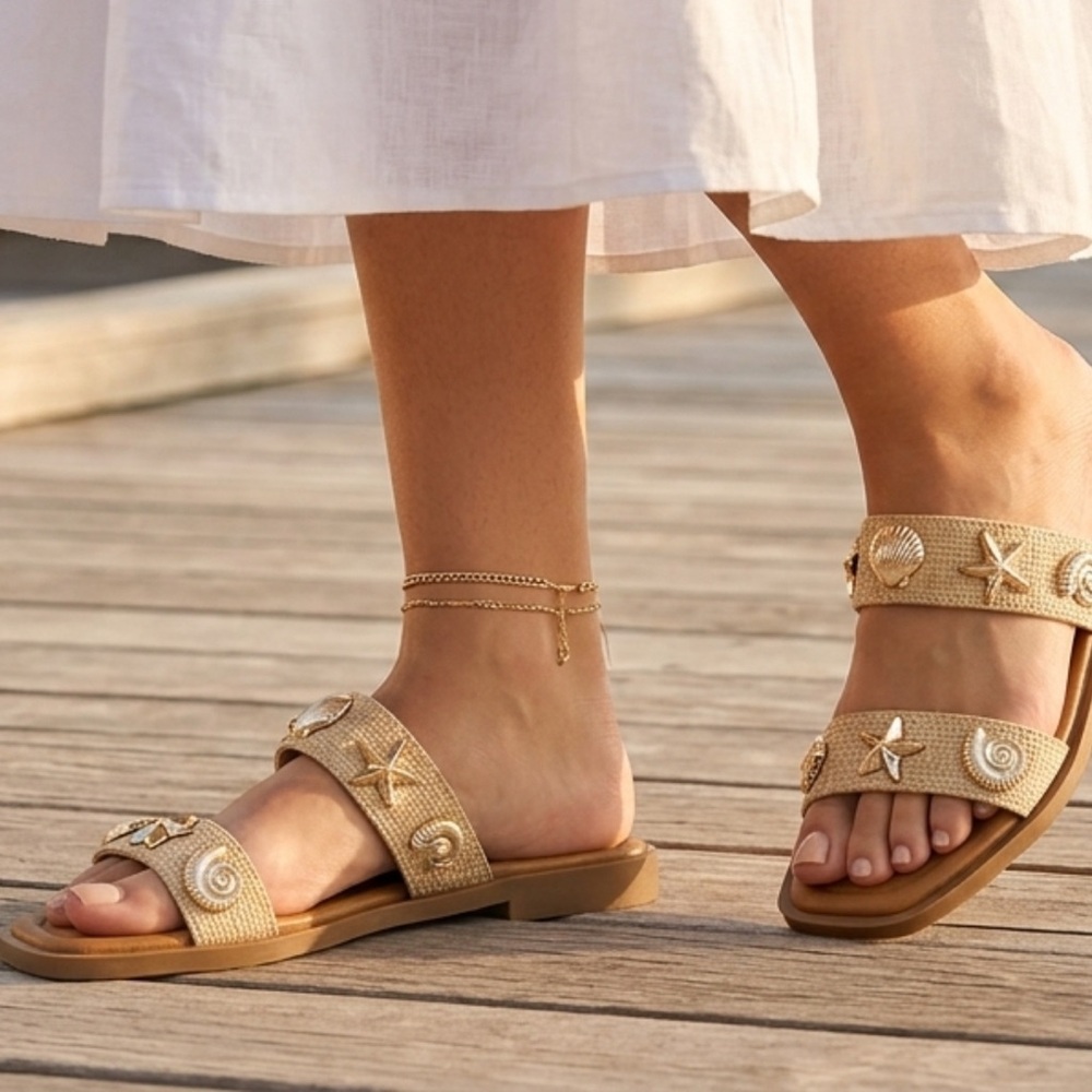 Nautical Seashell Charm Double Strap Slide Sandals - Forever